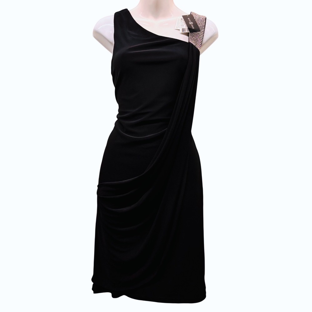 NWT Betsy & Adam Womens Black One Shoulder Rhinestone Drape Dress A13367 Size 12